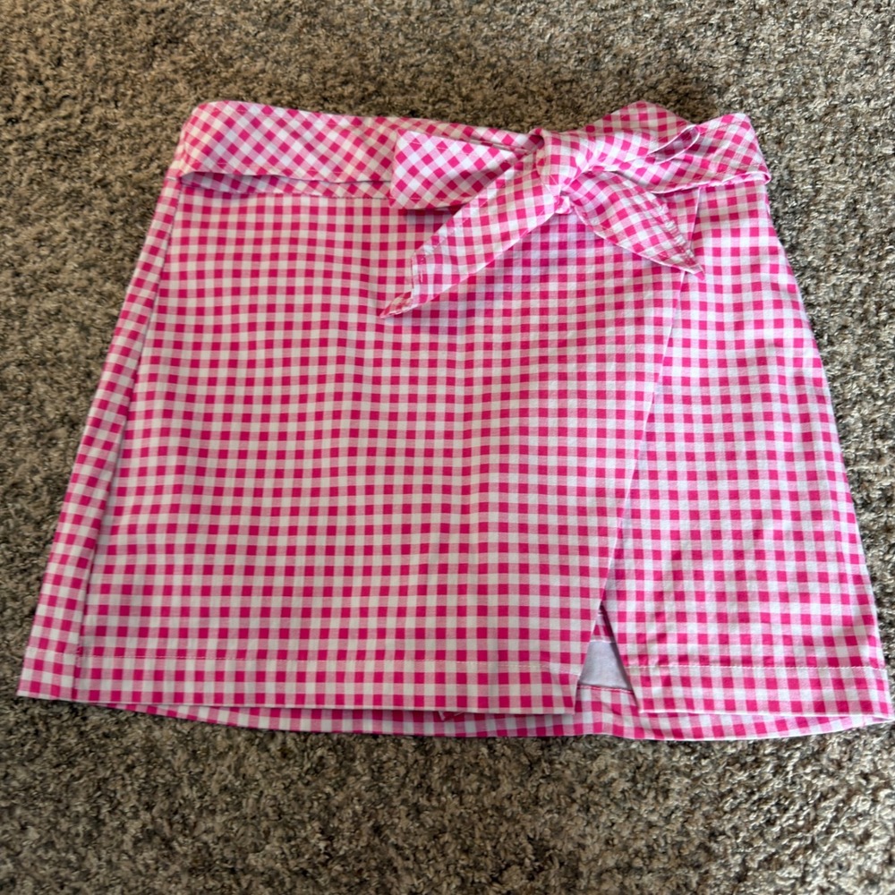 Crown & Ivy Pink Gingham Wrap Skort Side Tie Preppy Summer Mini Skirt Size 8